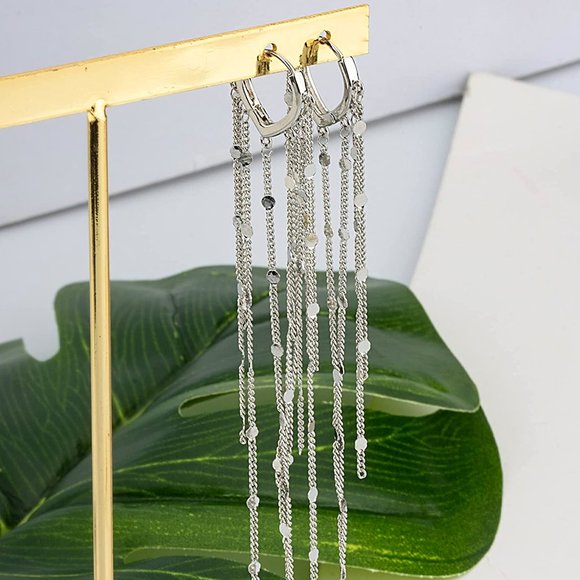 Long Tassel Chain Earrings for Women | 14K Gold Plated Rhineston Chandelier - Picture 6 of 6